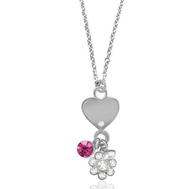 Crystals From Swarovski Heart W Flower Charm Sterling Silver Overlay 18 Inch