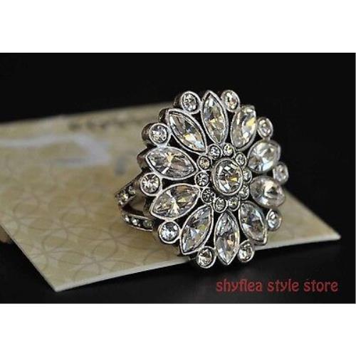 Fossil Cocktail Ring Glitzy Glass Stones Daisy Flower Statement Silver Tone Sz 7