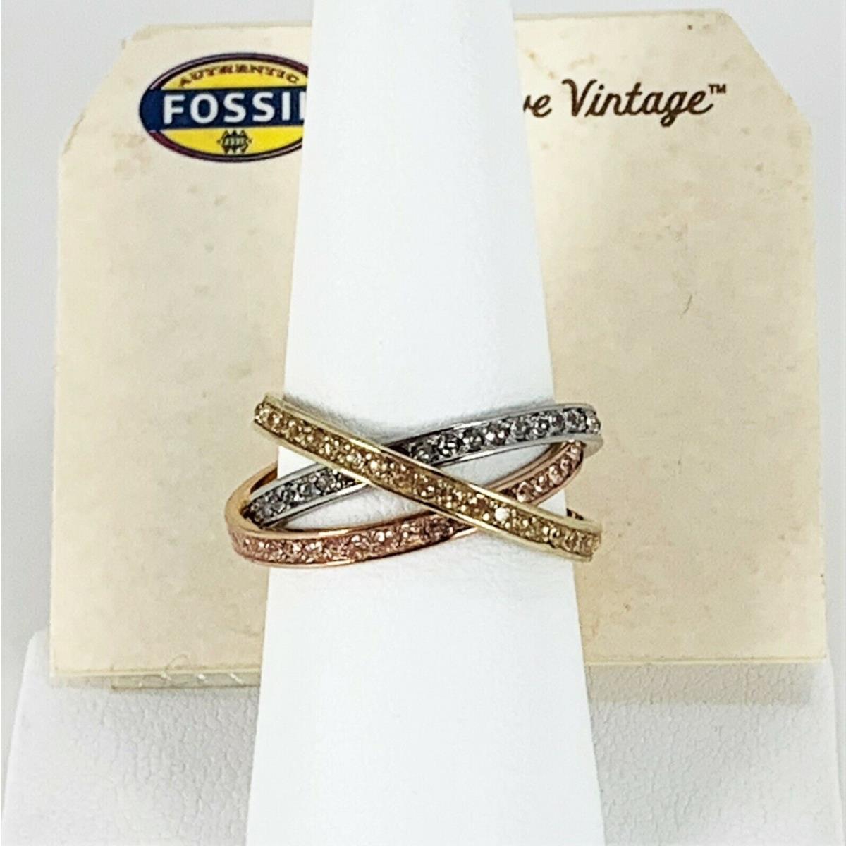 Fossil Crystal Pave Disk 3 Band Ring Stainless Steel Gold Silver Rose Tones Sz 8