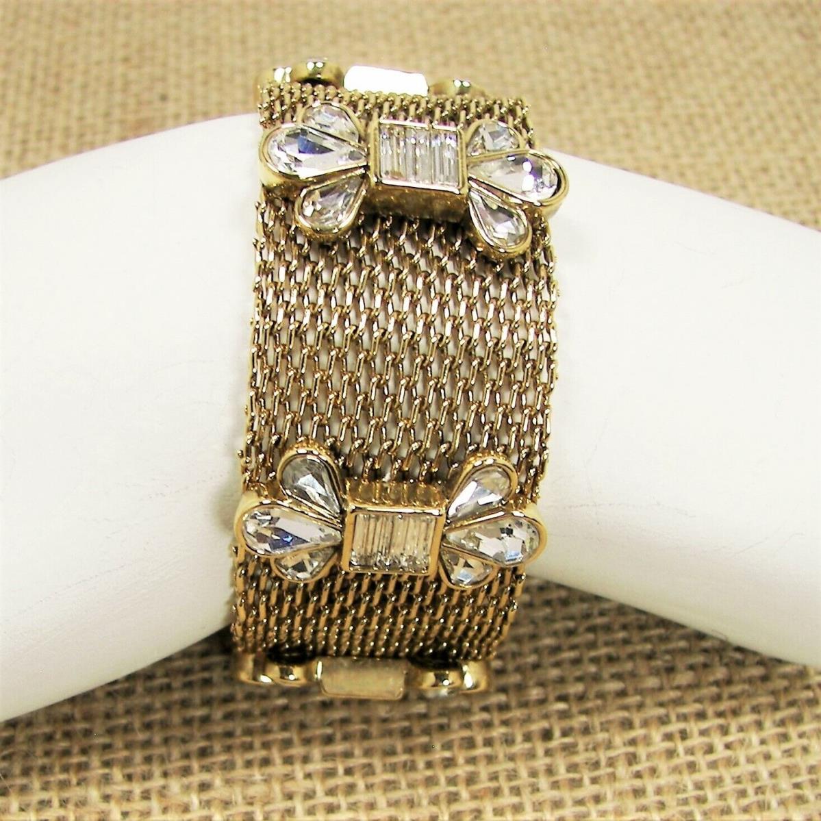 Fossil Mesh Glitz Wide Bracelet Glass Crystal Gold Tone Metal Magnetic Clasp