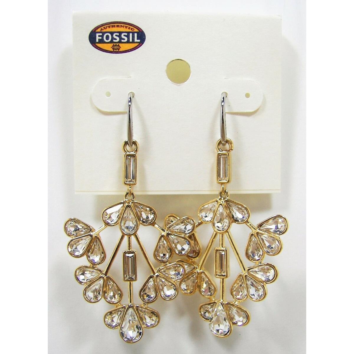 Fossil Mesh Glitz Drop Earrings Crystal Floral Design Gold Tone Metal Glamour