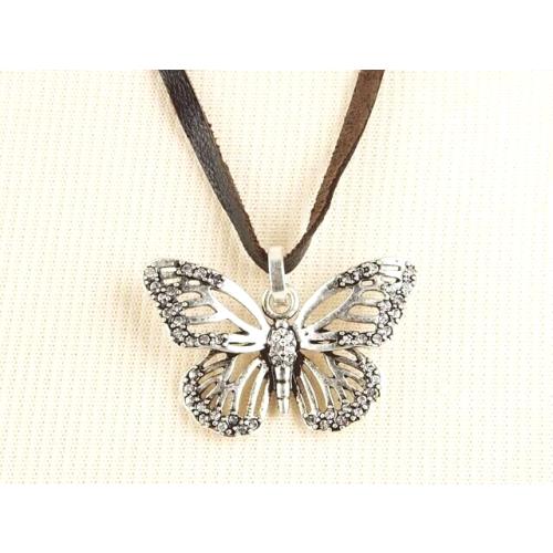 Fossil Brown Leather Strap Cord Silver Tone Butterfly Crystals NECKLACE-JA4756