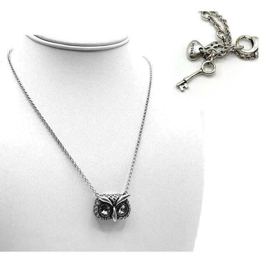 Fossil Silver Tone Jewel Encrusted Owl W/crystal Eyes Womens NECKLACE-JA4813