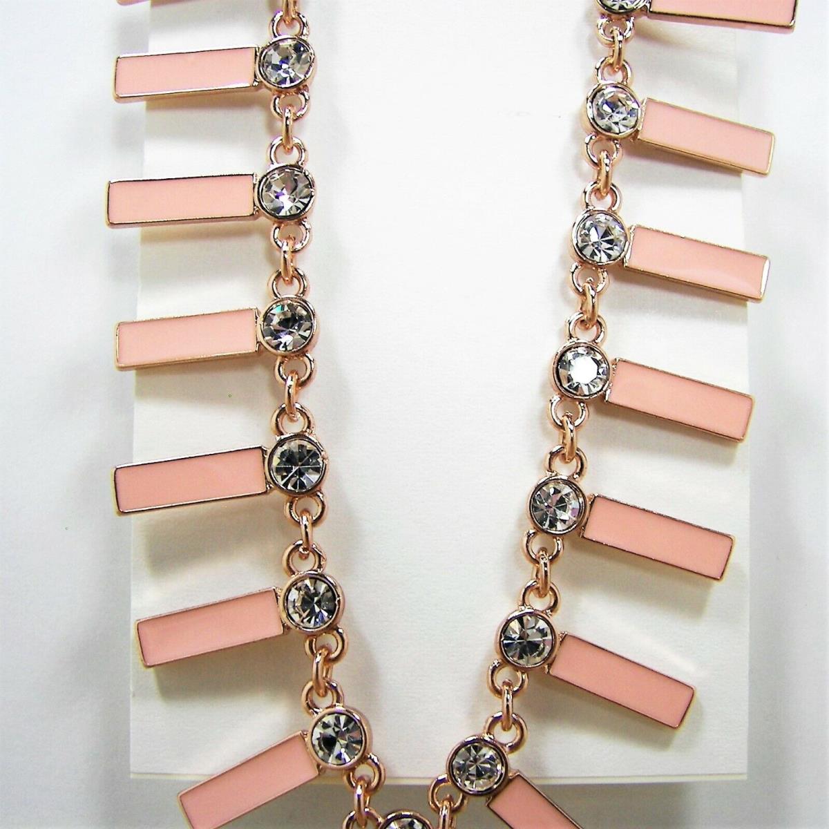 Fossil Brand Blush Pink Enamel Bars Crystal Necklace Rose Gold Tone Metal Cha