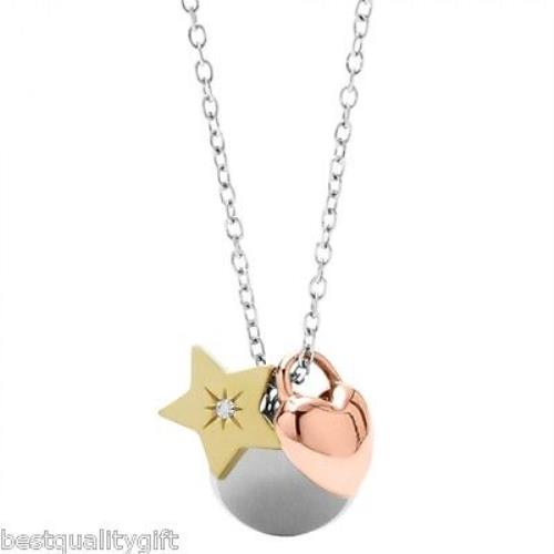 Fossil Silver+rose Gold Tone Heart Crystal Star Charm Chain Necklace JF00639998