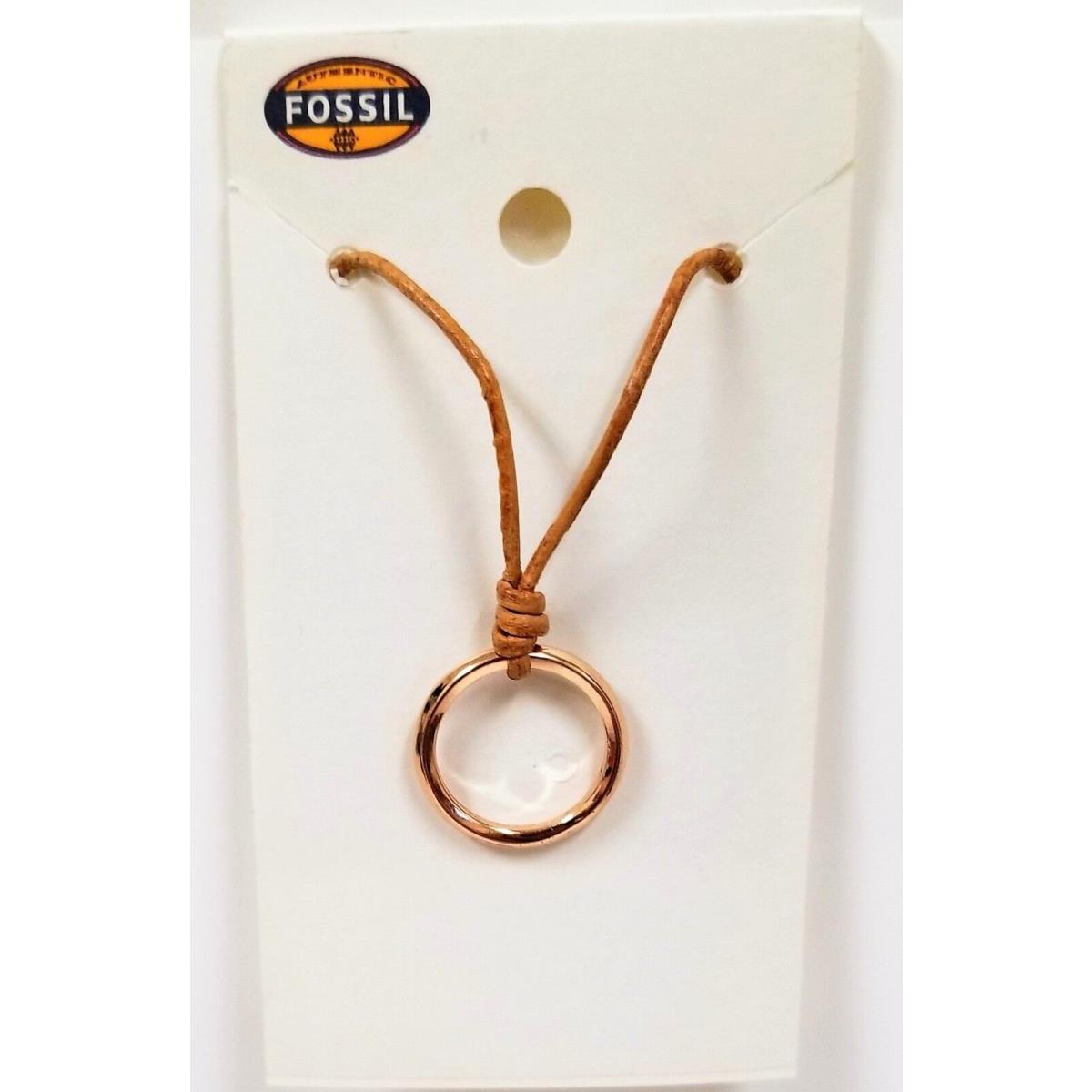 Fossil Rose Gold Tone Hoop Ring Circle+tan Leather Cord NECKLACE-JOA00025791