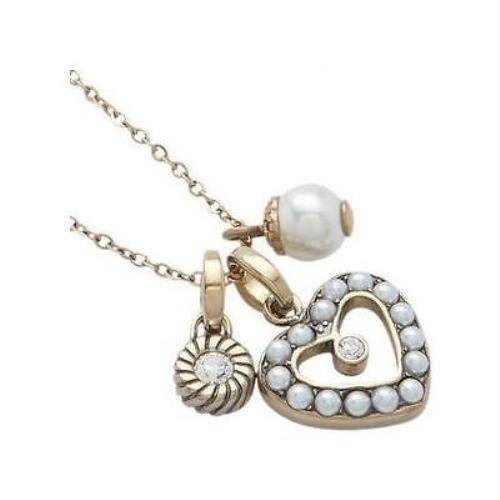 New-fossil Gold Tone Heart+pearl+crystal Charm Pendant Chain NECKLACE-JF87061040