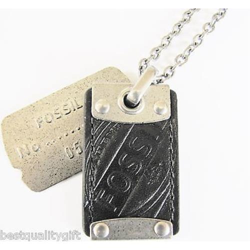 Fossil Vintage Silver+black Leather Dog Tag Pendant Chain Necklace JF00508797
