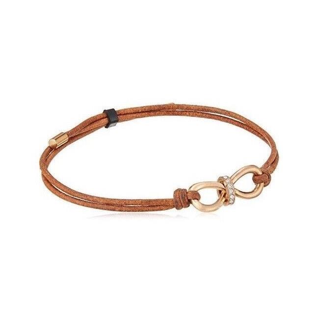 Fossil Rose Gold Tone Adjustable Brown Cord CZ Crystals Bracelet JF01107791