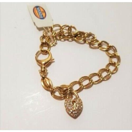 Fossil Gold Tone+pave Crystal Heart Lock Charm Starter Chain Bracelet JA6143710