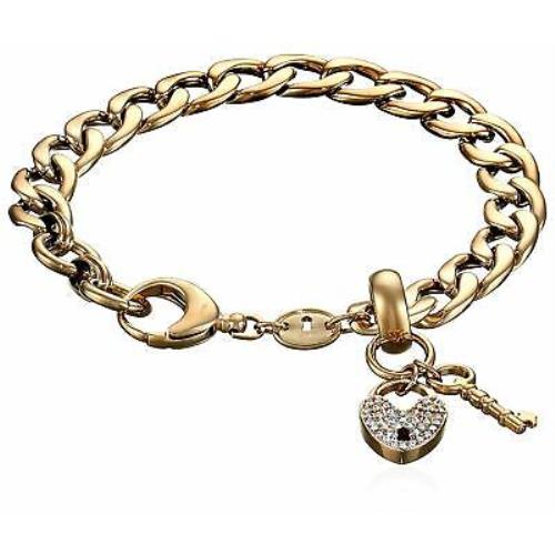 Fossil Gold Tone S/steel Heart Crystal Pave+key Charms BRACELET-JF00143710