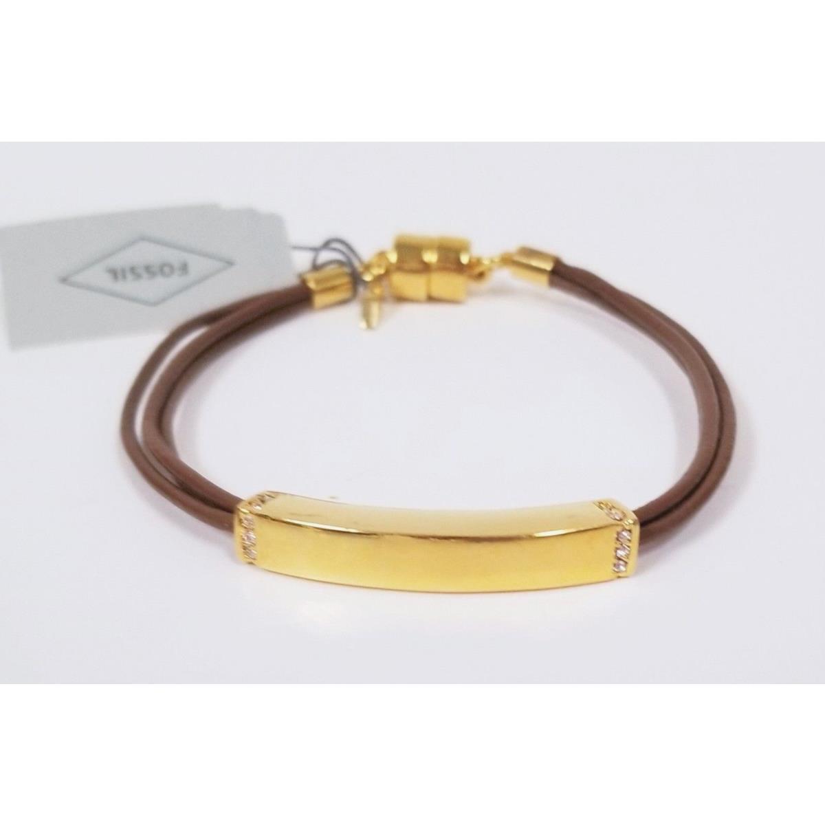 Fossil Gold Plaque Multi Brown Leather Cords Crystal Accent Bracelet