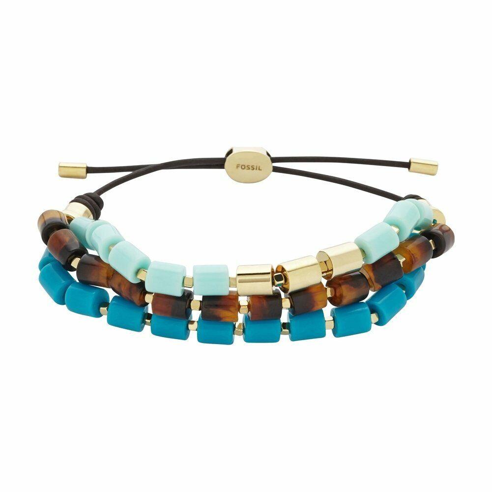 Fossil Gold Tone Brown Tort+gold+aqua Blue Acrylic Beaded Strand BRACELET-JA6437