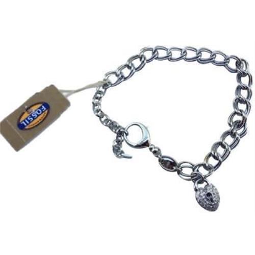 Fossil Silver Tone+crystal Heart Lock Charm Starter Chain Bracelet JA6142040