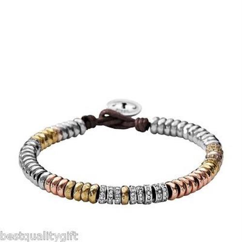 691FOSSIL 3 Tone Silver Rose Gold Pave Crystal Beads+brown Cord Bracelet JA5808