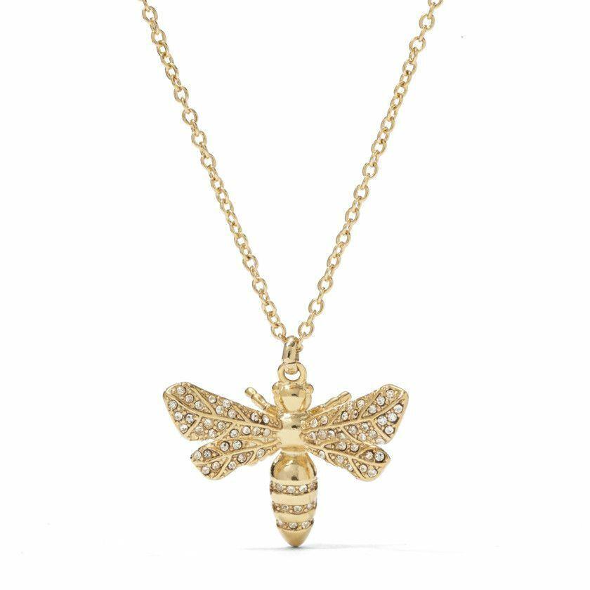 Fossil Gold Tone Large Bee Crystals Pave Charm+long Chain NECKLACE-JA6396