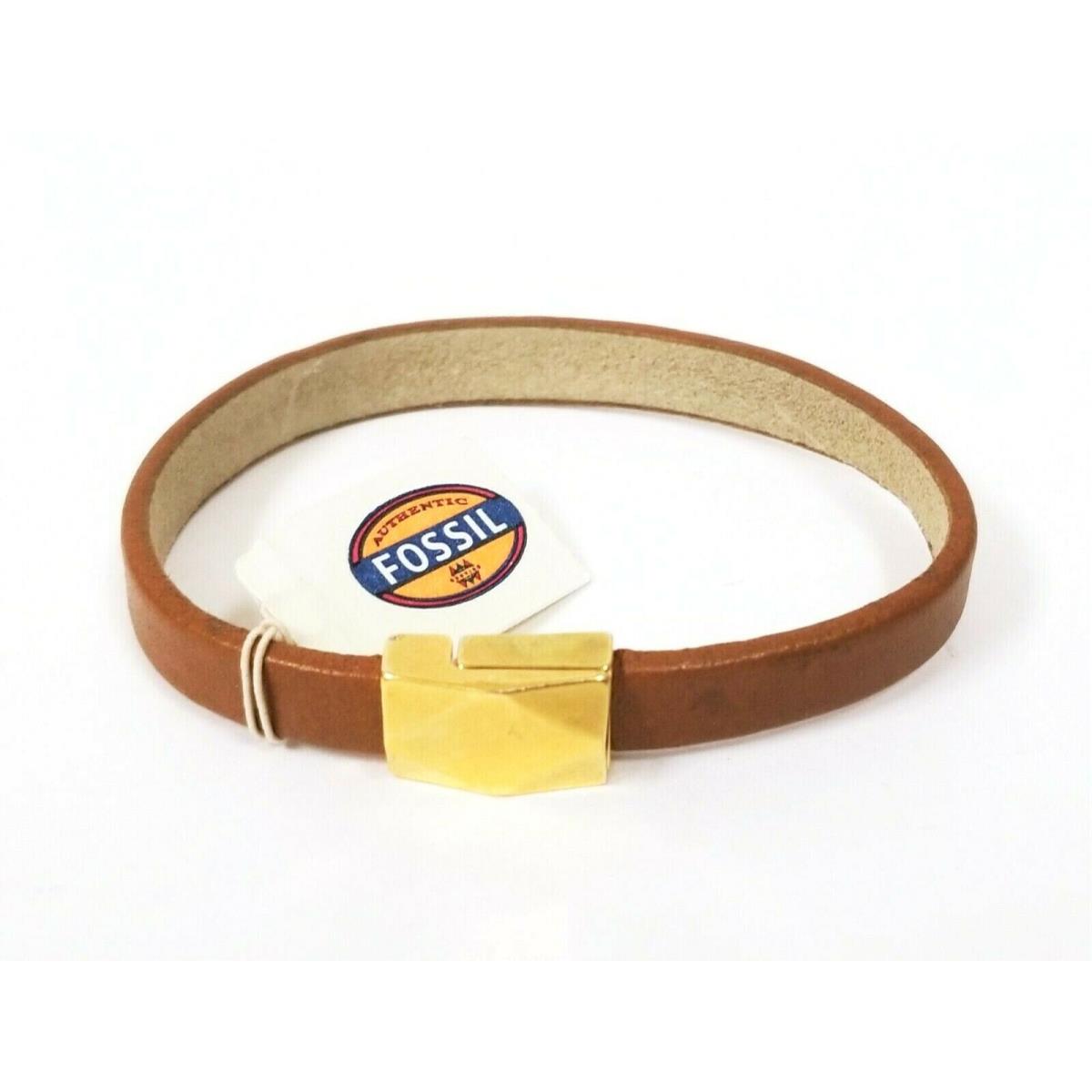 Fossil Gold Tone Plaque+luggage Brown Leather Bracelet Bangle JOA0017