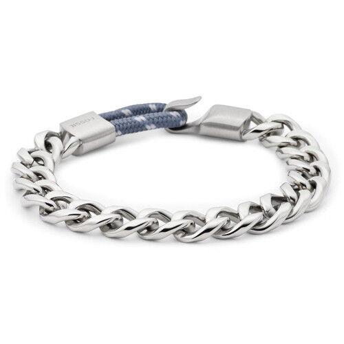 Fossil Silver Tone Metal Chain Link+blue Cord Bracelet JF01326040