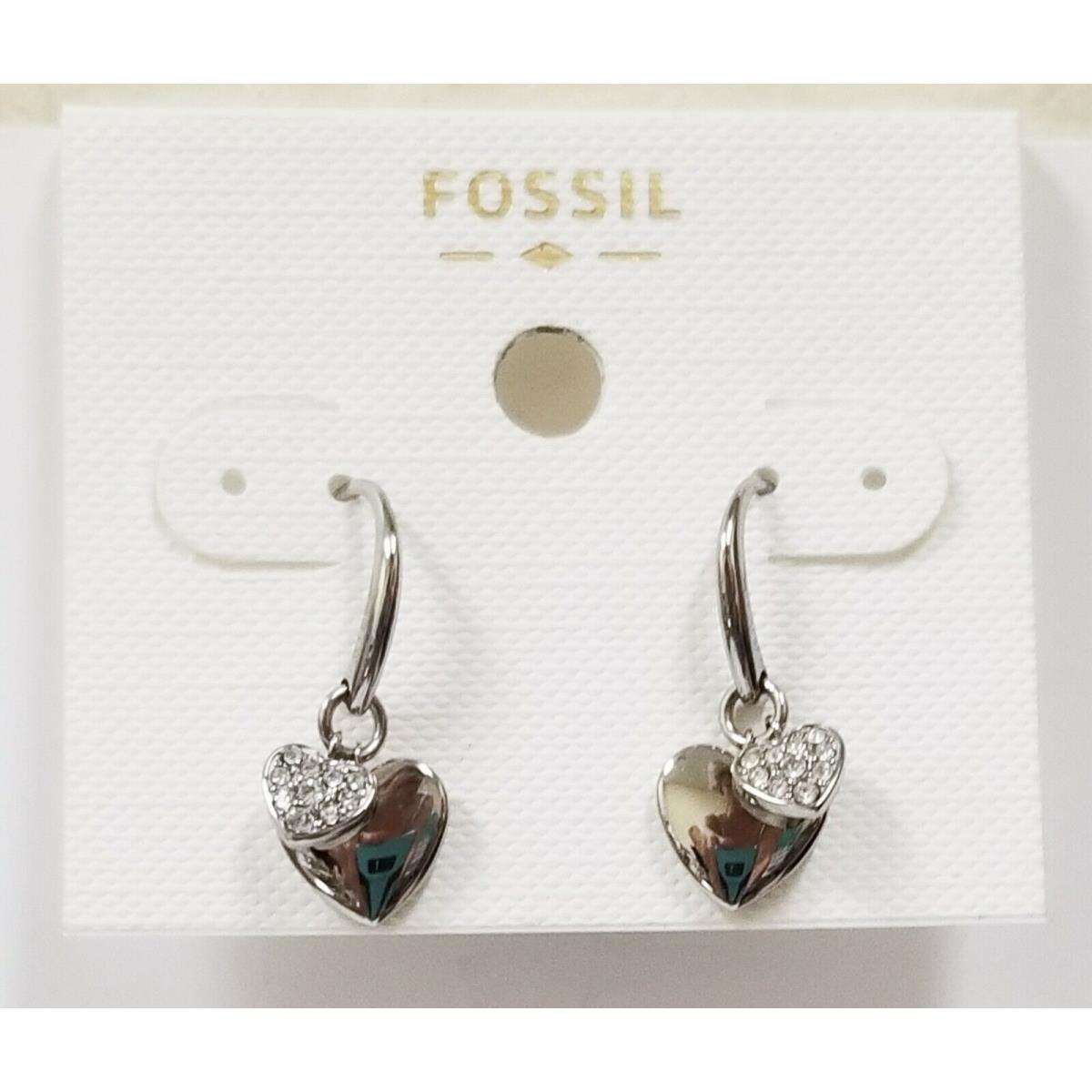 Fossil Silver Tone Crystal Pave 2 Hearts Stud Earrings JOF00235040