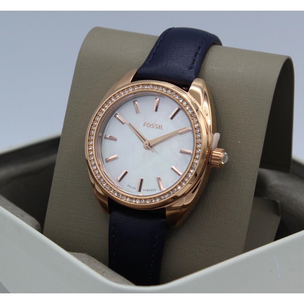 Fossil Vale Solar Rose Gold Mop Blue Leather BQ3775 Women`s Watch