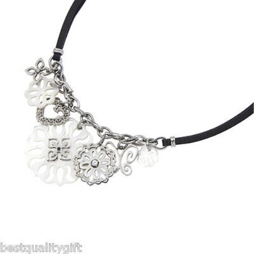Fossil Silver Multi-charm+mop+crysal+black Leather NECKLACE-JF83100040+TAG