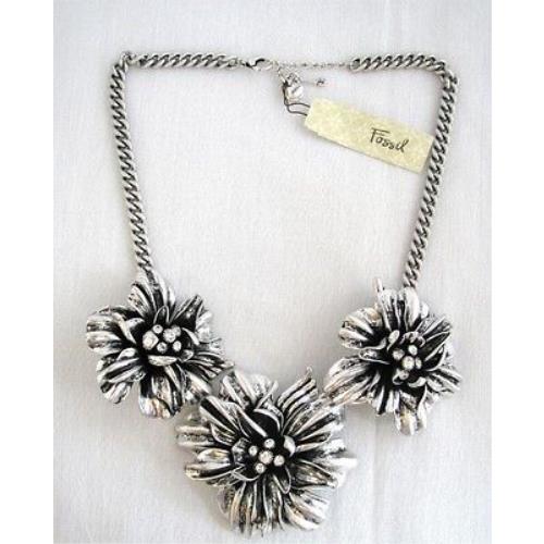 Fossil Blossoms Silver Tone Flower Necklace with Crystal Accent- JA4110040