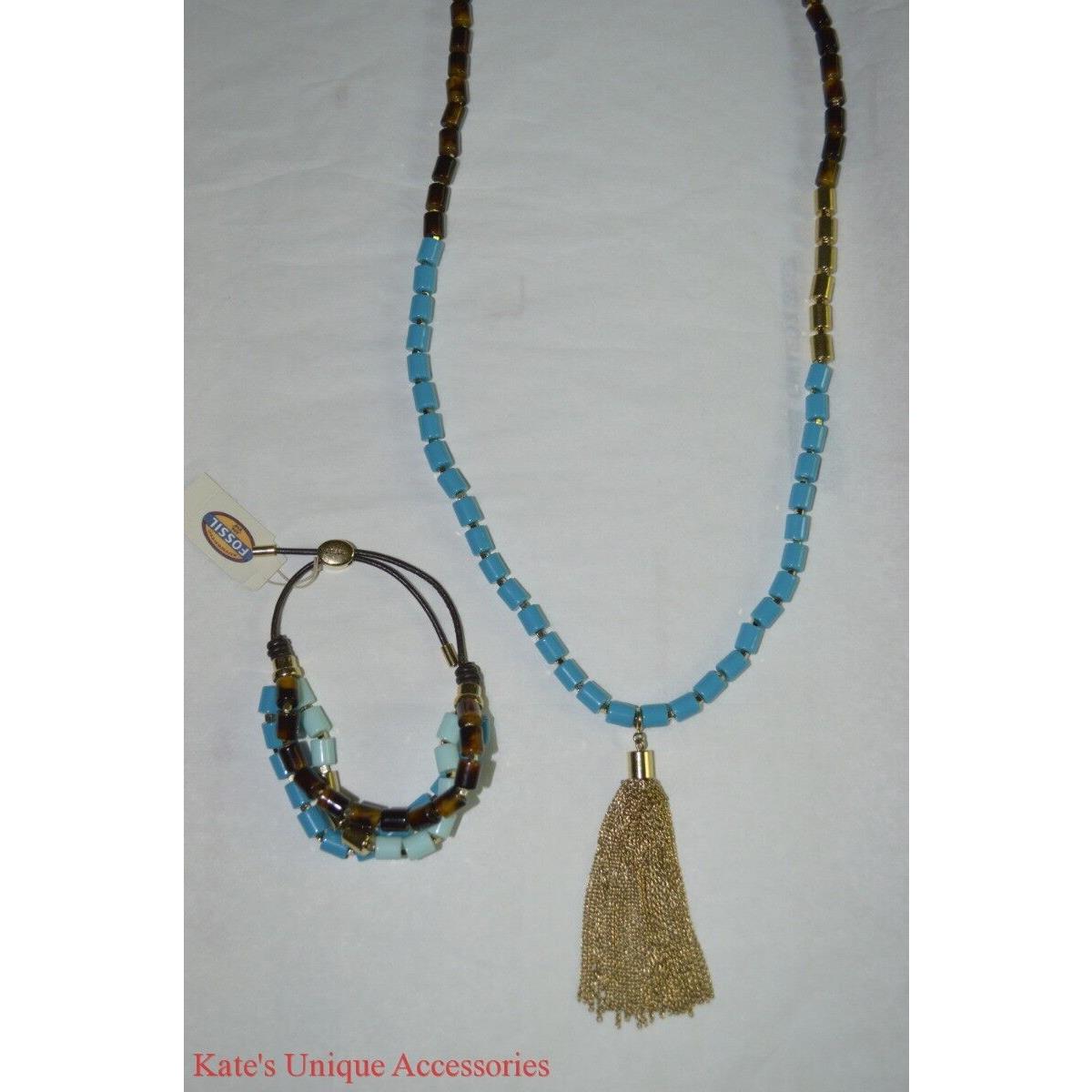 Fossil Brand Gold Tortoise Turquoise Beaded Tassel Necklace Bracelet Set Xmas