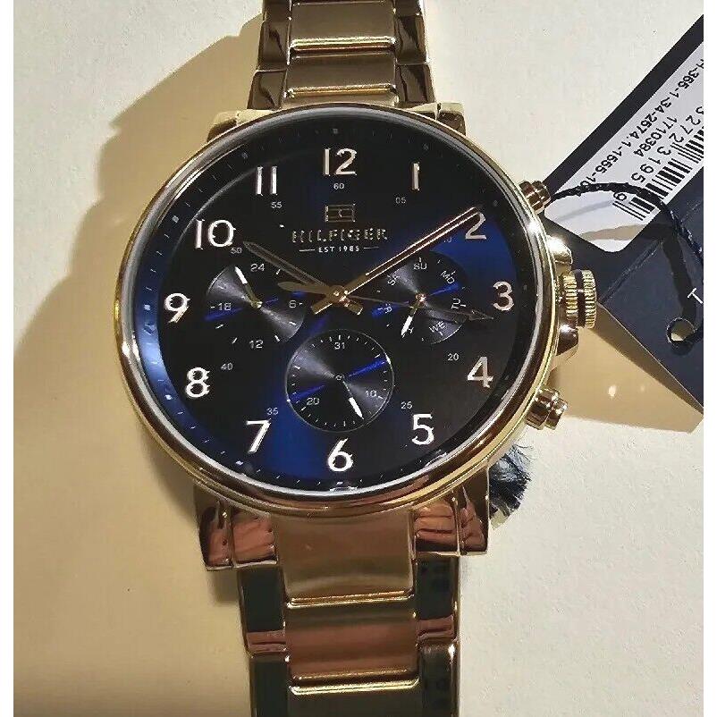 Tommy Hilfiger Watch with 46MM Navyblue Chronograph Face Golden Bracelet