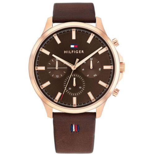 Tommy Hilfiger Men`s Watch Ryder Day-date Brown Leather Strap 1710497