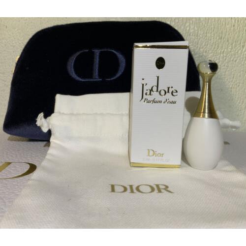 Dior J Adore Parfum D Eau 0.17OZ/5ML Dab-on W/ Pouch and Navy Makeup Bag