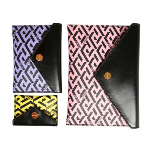 Versace Women`s La Greca Signature Textured Leather Canvas Clutch Set of 3