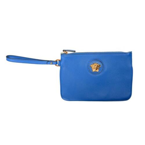 Versace Blue Leather Medusa Logo Print Large Zip Around Wristlet Clutch