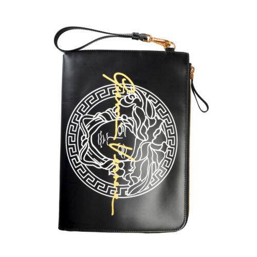 Versace Black Leather Medusa Logo Print Large Zip Around Wristlet Clutch