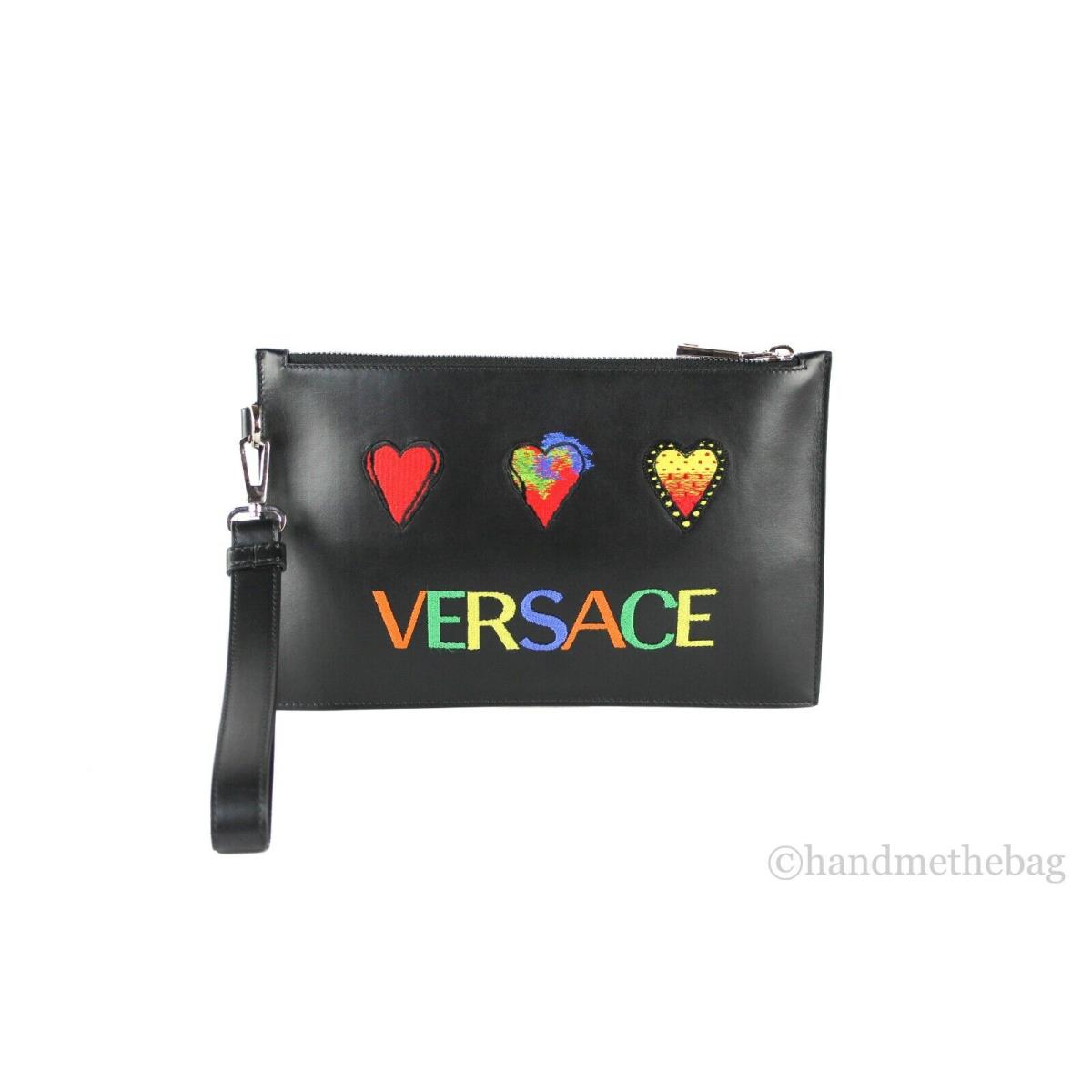Versace Small Leather Embroidered Heart Patch Logo Pouch Wristlet Clutch Wallet