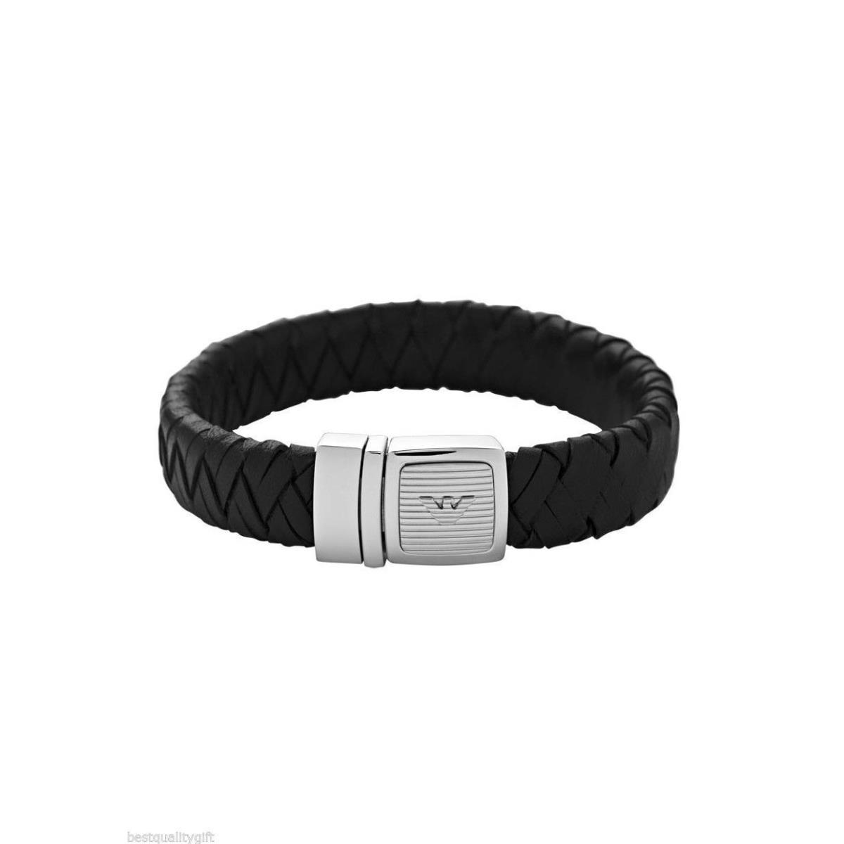 Emporio Armani Steel Silver Tone+black Braided Leather Cuff Bracelet EG2889