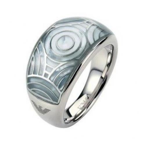 Emporio Armani Ladies Polished Stainless Steel + White Circle Pattern Ring 5.5