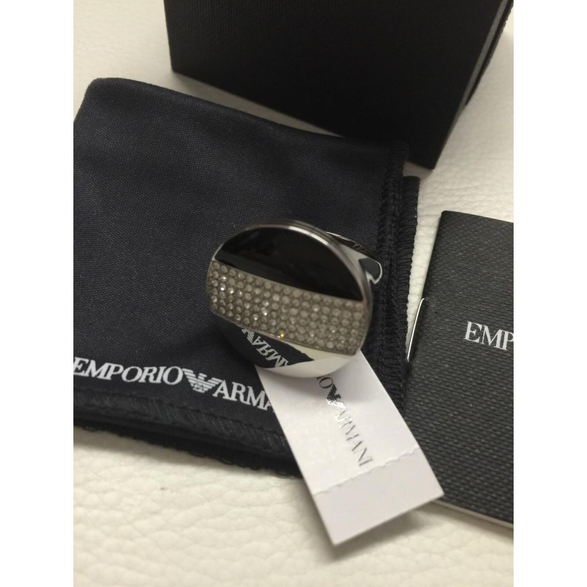 Emporio Armani St Steel Blk Enamel/crystals Ladies Ring Size 8 Egs 1773040