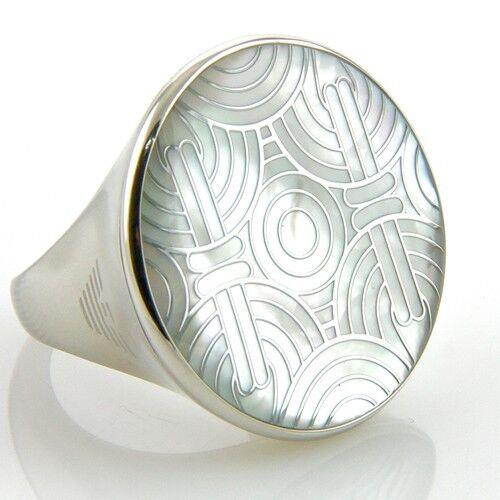 Emporio Armani Silver Tone Stainless Steel+logo White Mop RING-EGS1289-SIZE 5.5