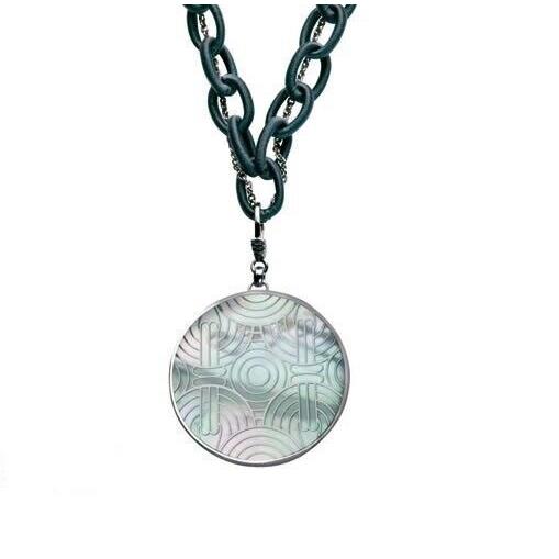 Emporio Armani Silver+gray Tone 2 CHAIN+2 Sided Round Charm NECKLACE-EGS1288