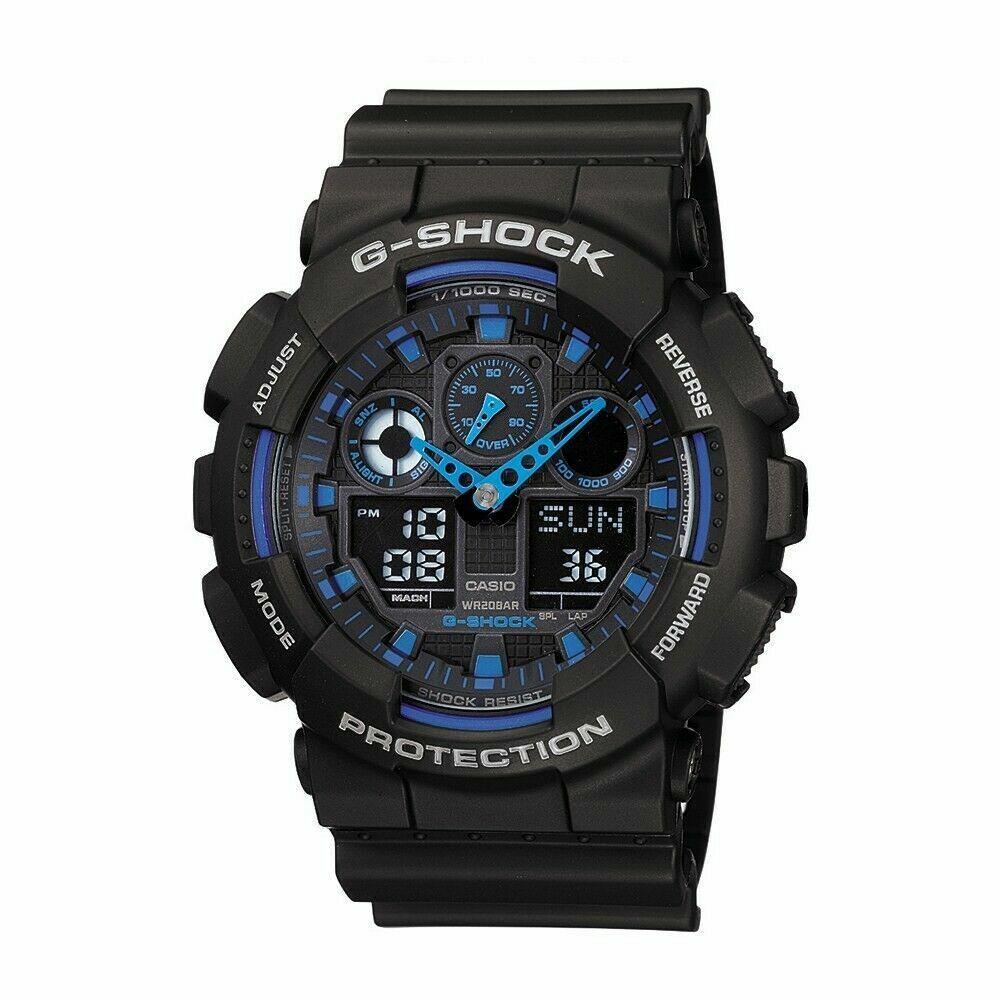 Casio G-shock GA100-1A2 Standard Analog-digital Black Blue 200m Men`s Watch - Dial: Black, Band: Black, Manufacturer Face: Blue, Black