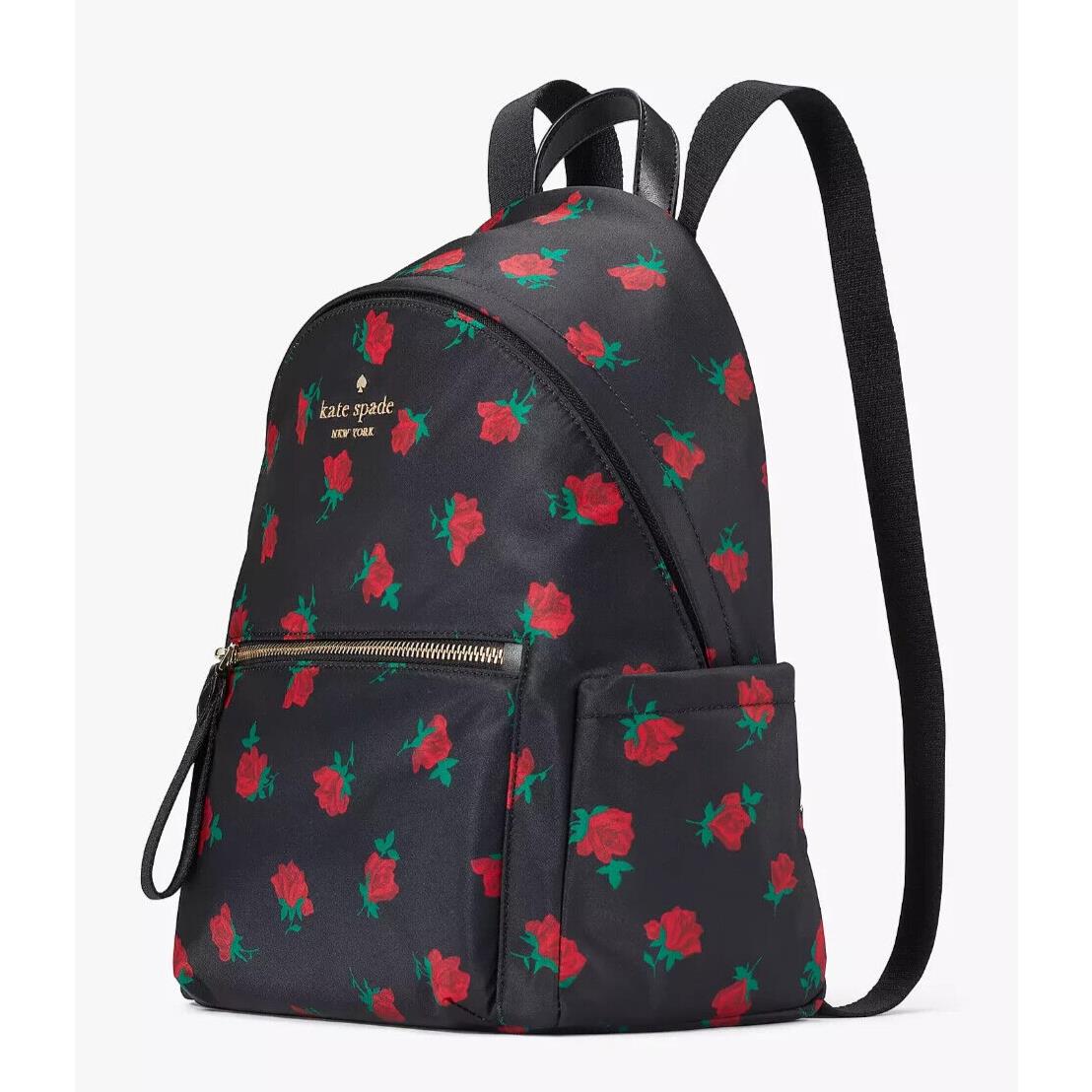 Kate Spade Chelsea Medium Black Nylon Backpack Rose Toss Print KE435