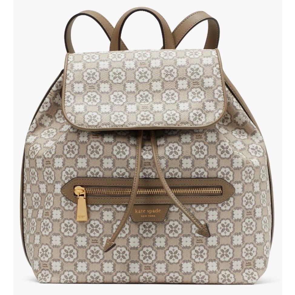 Kate Spade Flower Monogram Mia Flap Backpack Taupe White Retail FS Y