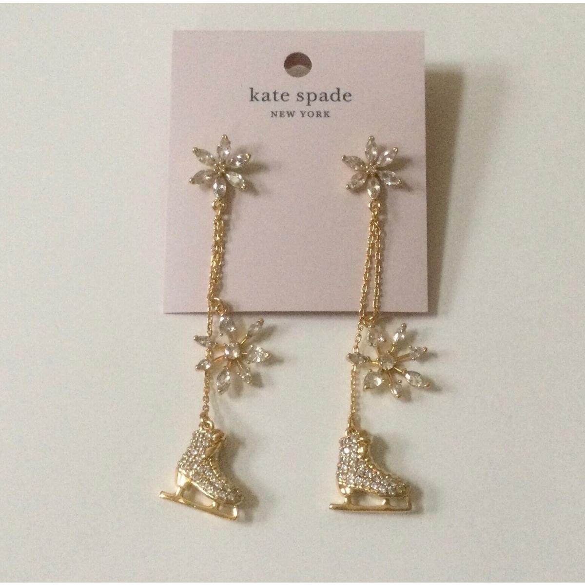 Kate Spade Snow Ice Skate Linear Earrings Clear/gold with Dust Bag