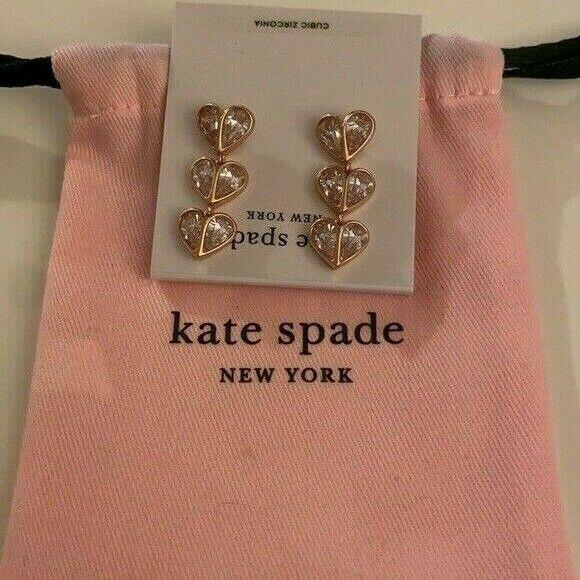 Kate Spade Rock Solid Heart Linear Clear Rose Earrings Dust Bag