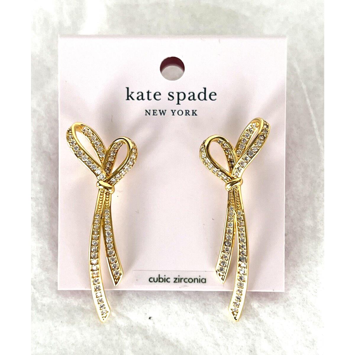 Kate Spade Long All Tied UP Bow Pave Drop Large Earrings Gold Plated New+pouch