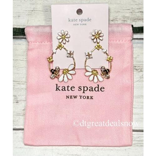 Kate Spade Dazzling Daisies Dangle Statement White Flower Hoops K8021 Gold Tone