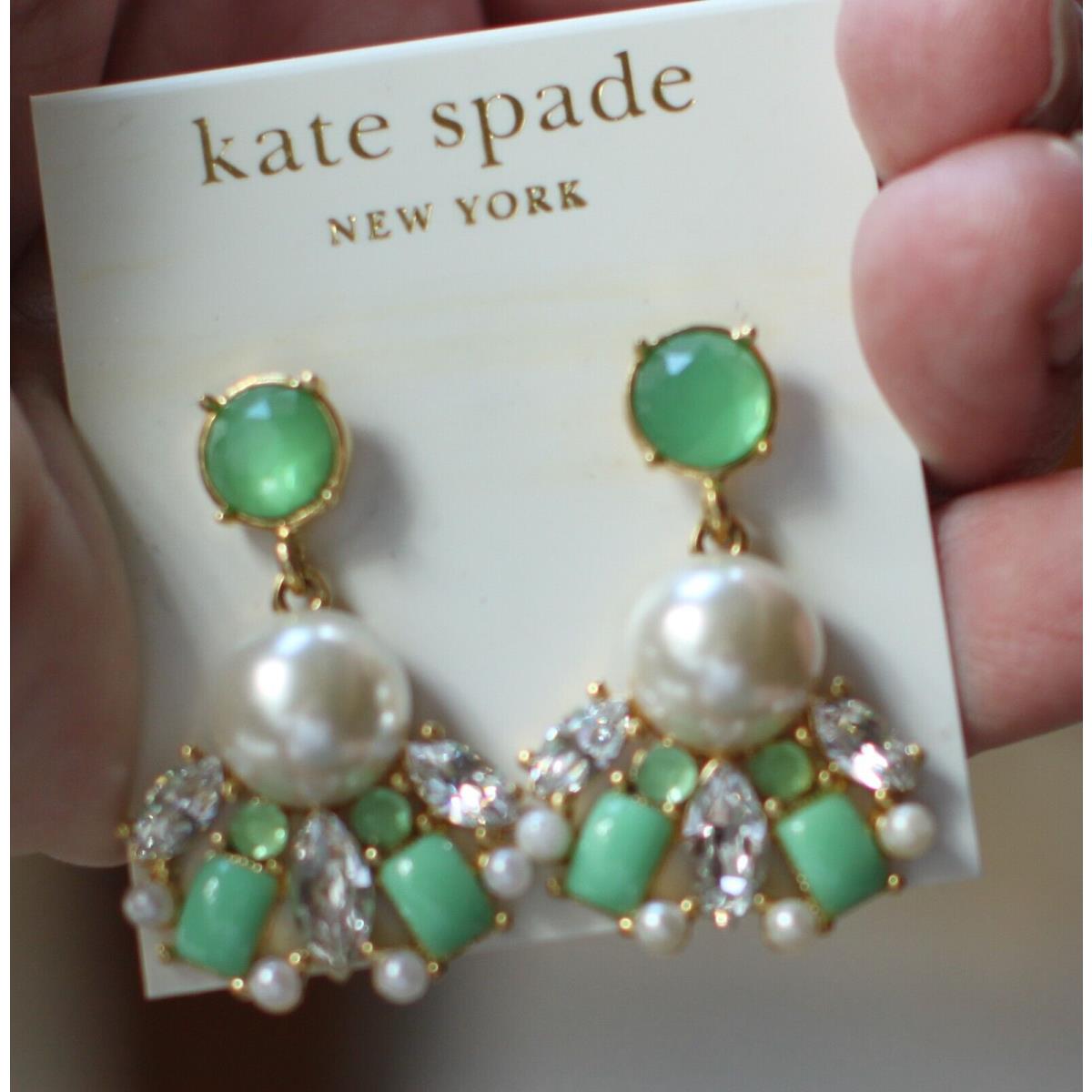 Lovely Kate Spade NY Belle Garden Pearl Chandelier Drop Earrings Green Stones