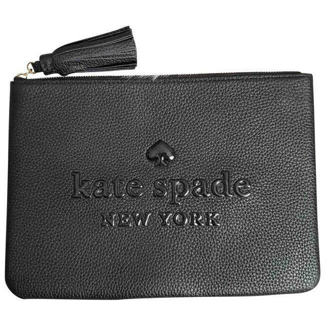 New Kate Spade Sienne Logo Black Leather Large Zipper Clutch Pouch with Tassel