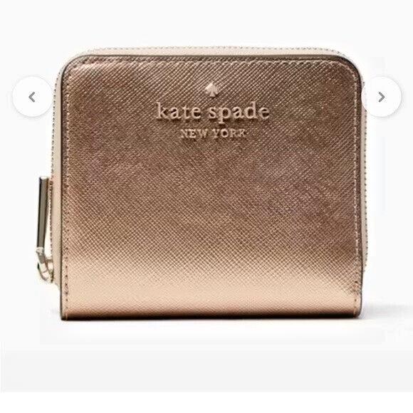 Kate Spade Rose Gold Metallic Saffia Cameron Small L-zip Bifold Wallet K9573