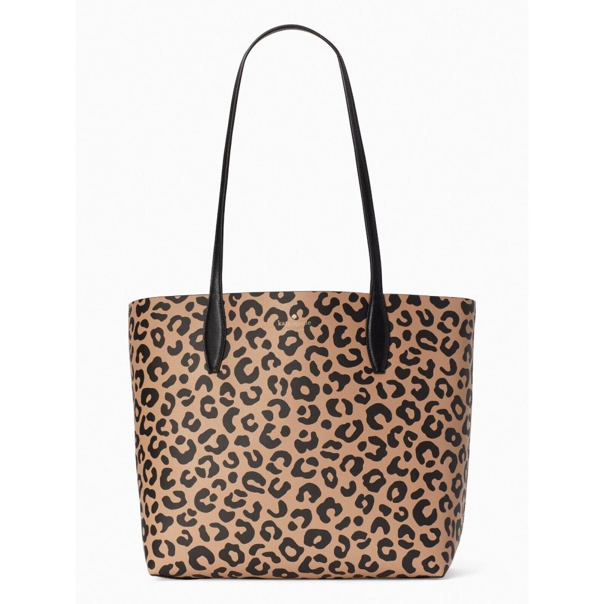 New Kate Spade Arch Leopard Print Large Reversible Tote with Pouch Natural Multi - Exterior: